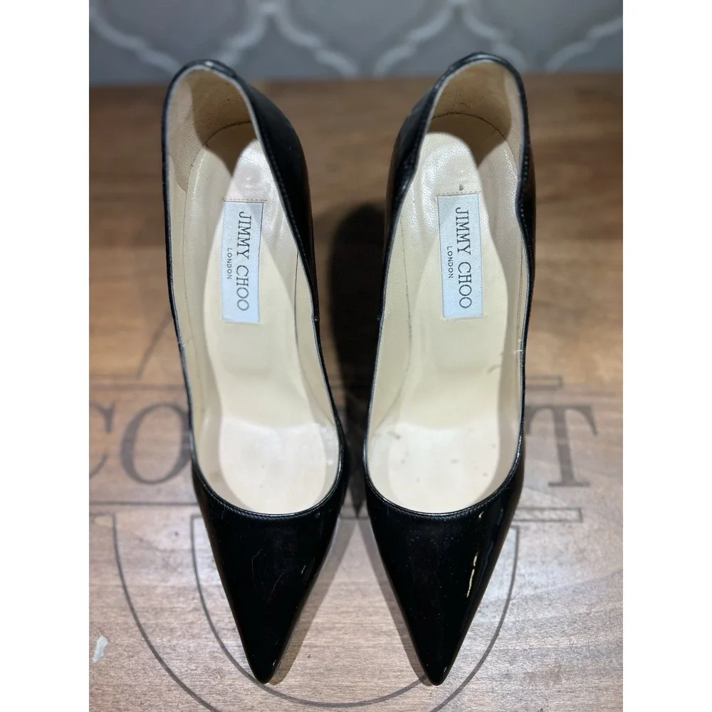 Jimmy Choo London Heels Made In Italy Size 37 Euro 6.5 US Patent Black Leather‎